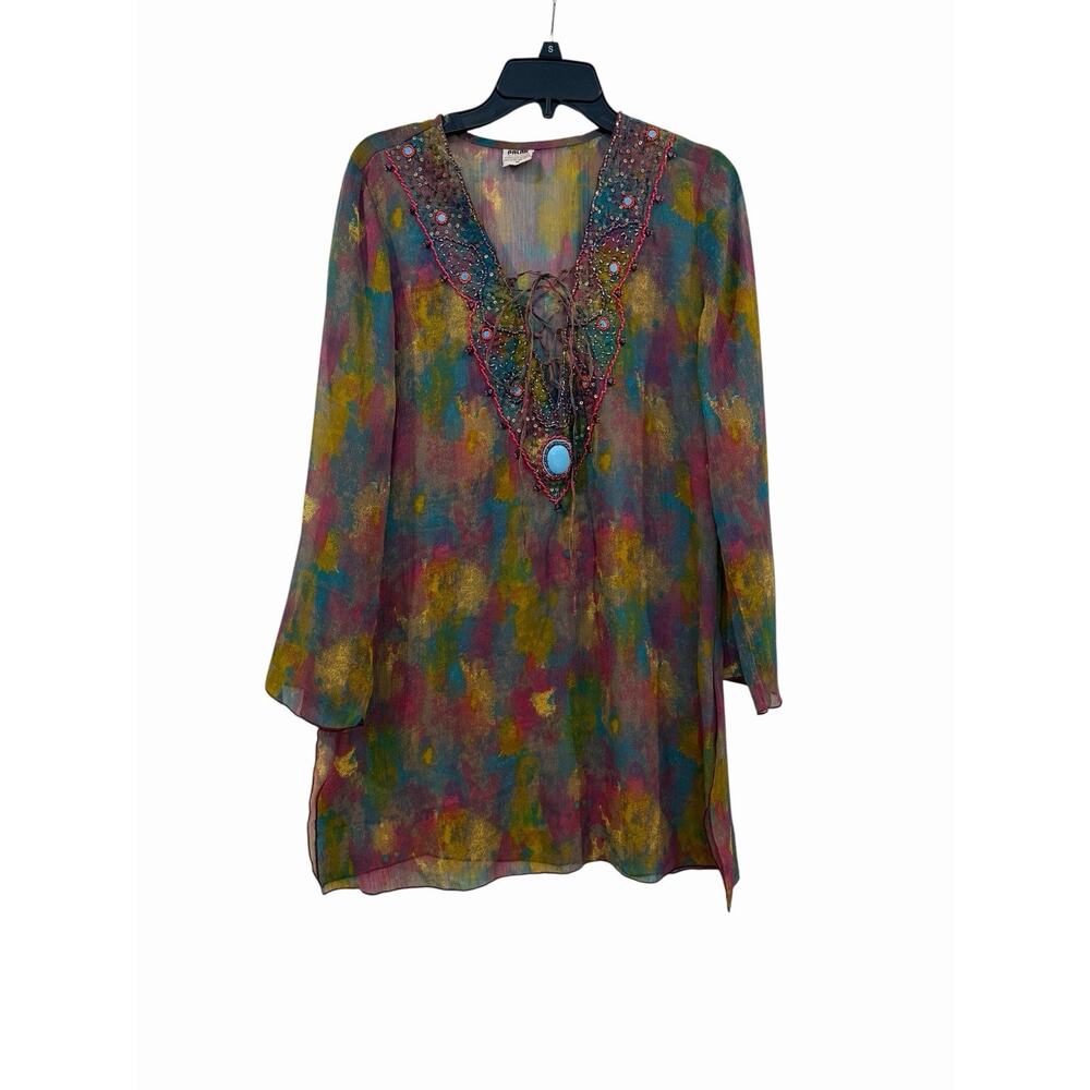 Palak Multicolored Sheer Tunic Women’s M Beaded Embroidery Coverup Peacock Boho